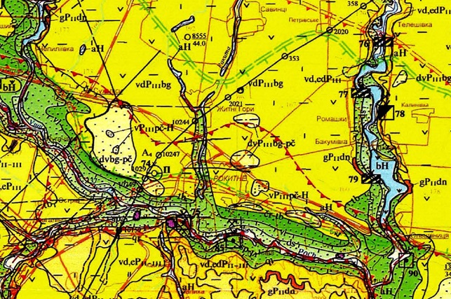 Рис.2. Геологическая карта четвертичных отложений Рокитнянского района Киевской области.